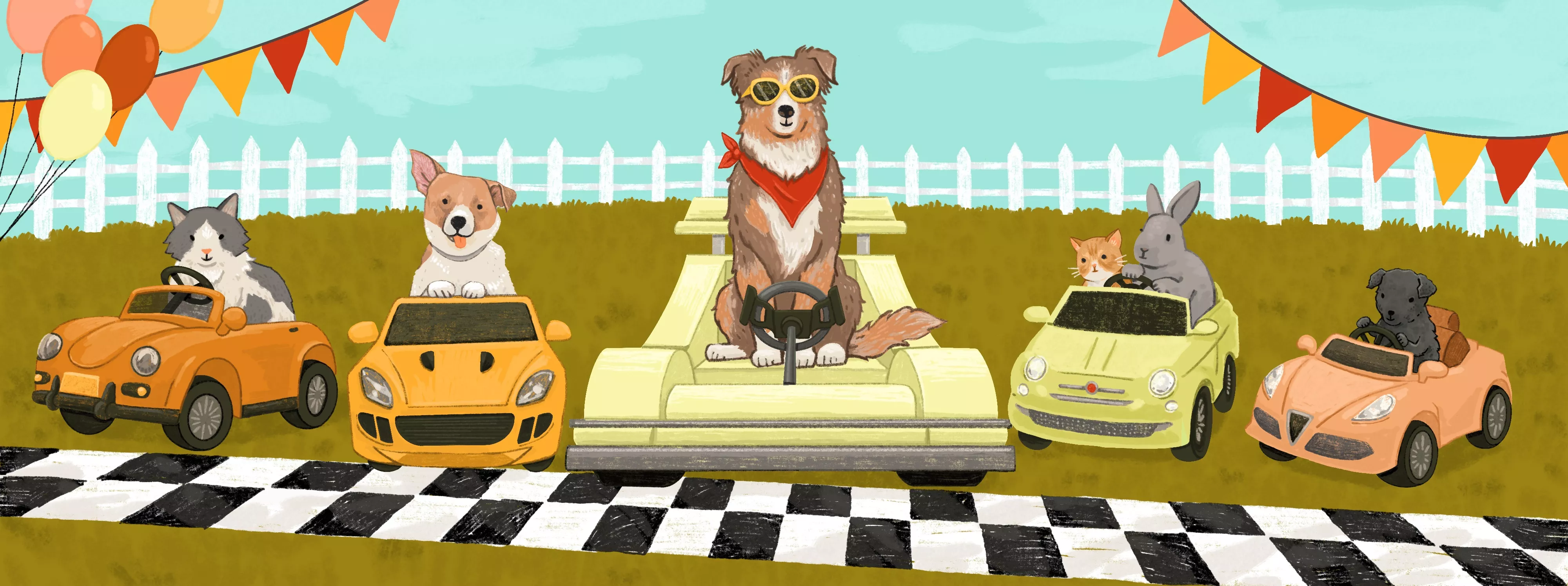 illustration of various companion animals driving little cars